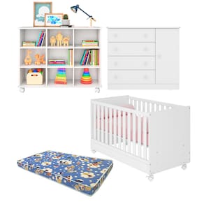 Dormitório Infantil Kit Berço e Cômoda Espaçosa com Nicho Branco e Colchão Ortobom - Qmovi