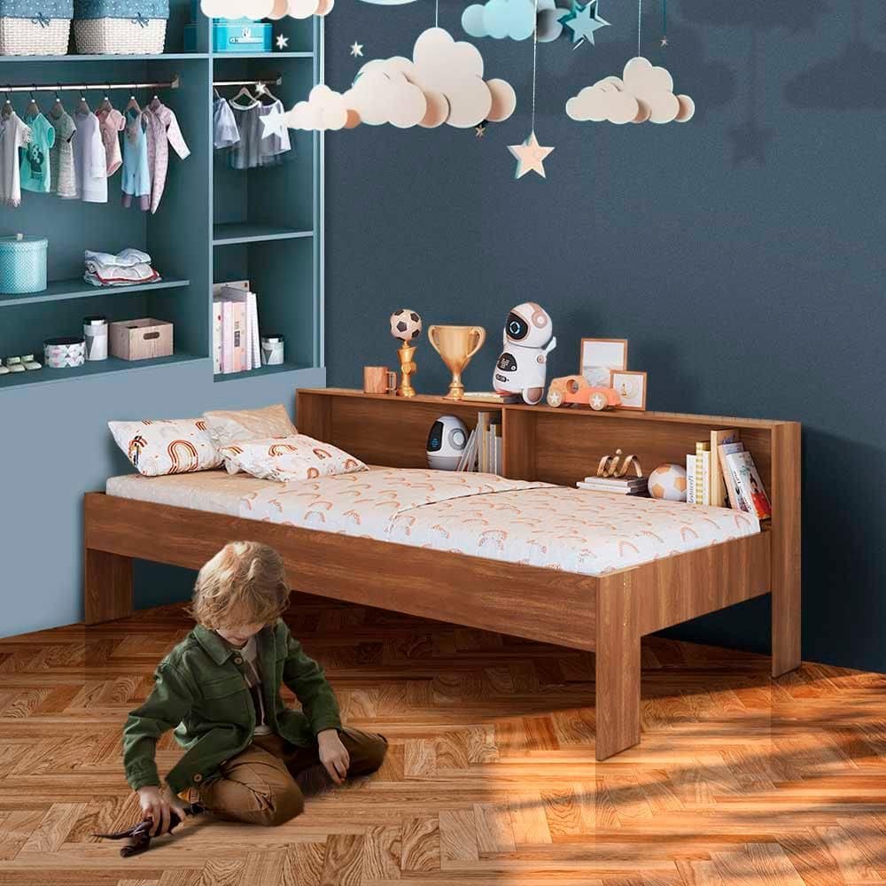 Cama Infantil Solteiro Com Nichos Nogal Sunset Shop JM