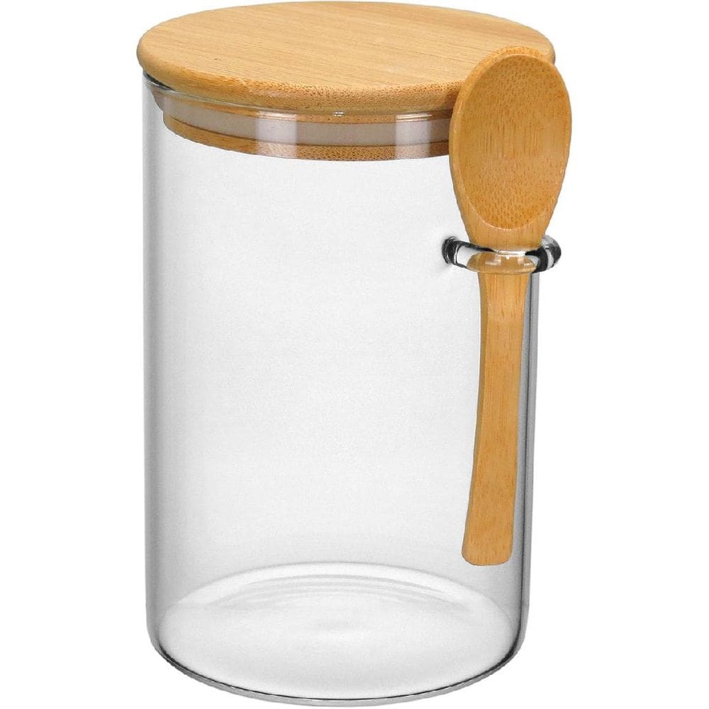 POTE PORTA MANTIMENTOS COM COLHER E TAMPA DE BAMBU BOROSSILICATO 1L 15x10x10cm TRANSPARENTE