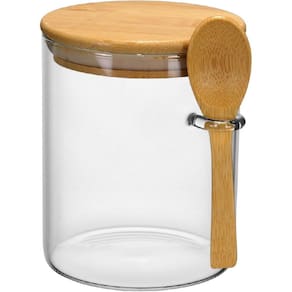 POTE PORTA MANTIMENTOS COM COLHER E TAMPA DE BAMBU BOROSSILICATO 750ml 12x10x10cm TRANSPARENTE