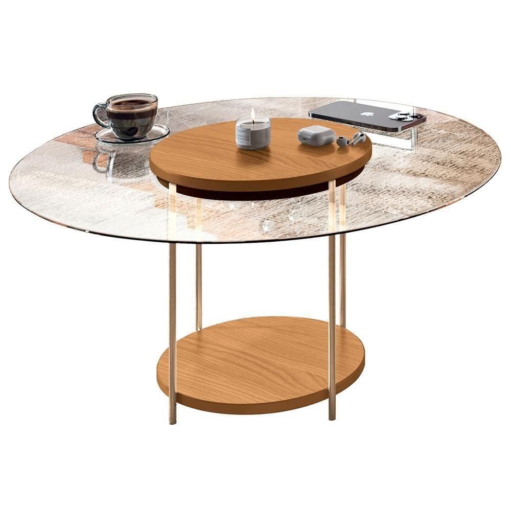 Mesa De Centro Para Sala Redonda Tampo Vidro Pés Aço Allure B01 Cinamomo - Lyam Decor