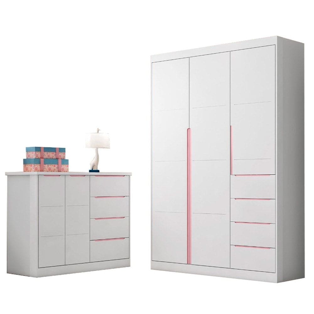 Jogo de Quarto Infantil Guarda Roupa 3 Portas e Cômoda 4 Gavetas Lilly P04 Branco/Rose - Mpozenato