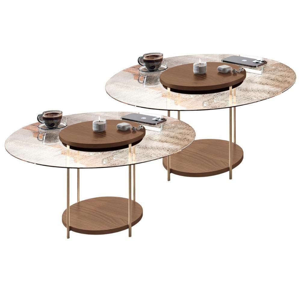 Kit 02 Mesas De Centro Para Sala Redonda Tampo Vidro Pés Aço Allure B01 Castanho - Lyam Decor
