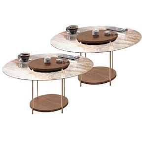Kit 02 Mesas De Centro Para Sala Redonda Tampo Vidro Pés Aço Allure B01 Castanho - Lyam Decor