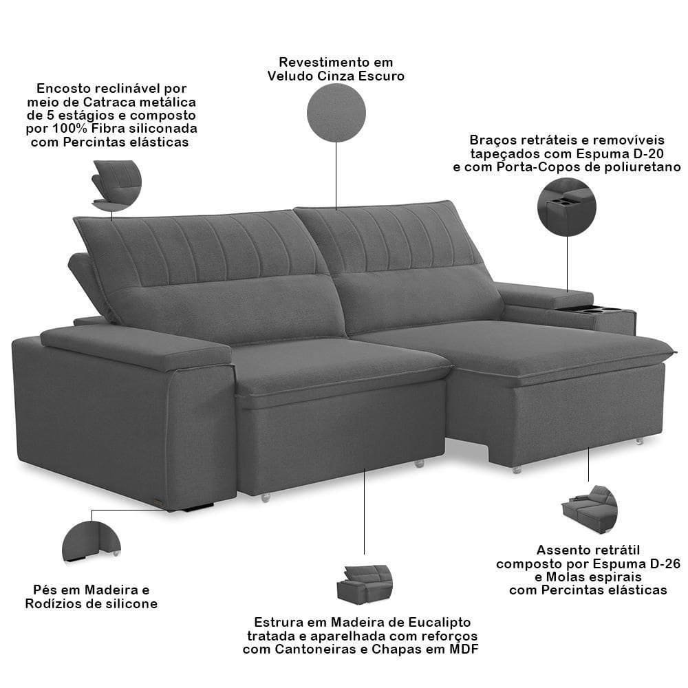 Sofá Retrátil Reclinável Para Sala 3 Lugares 205cm Ricci F04 Veludo Cinza Escuro - Lyam Decor