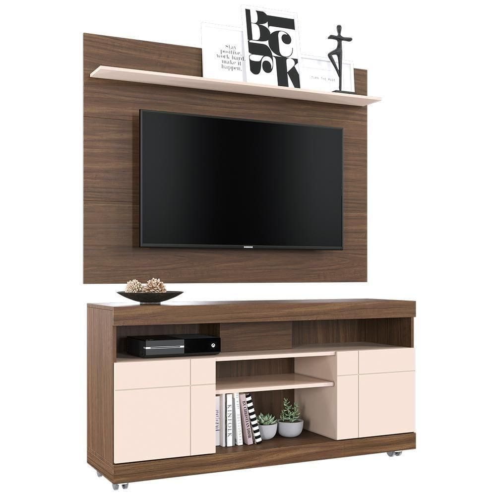 Rack Para Sala Com Painel Para Tv 55 Pol Raya C04 Nogueira Real Off White - Lyam Decor