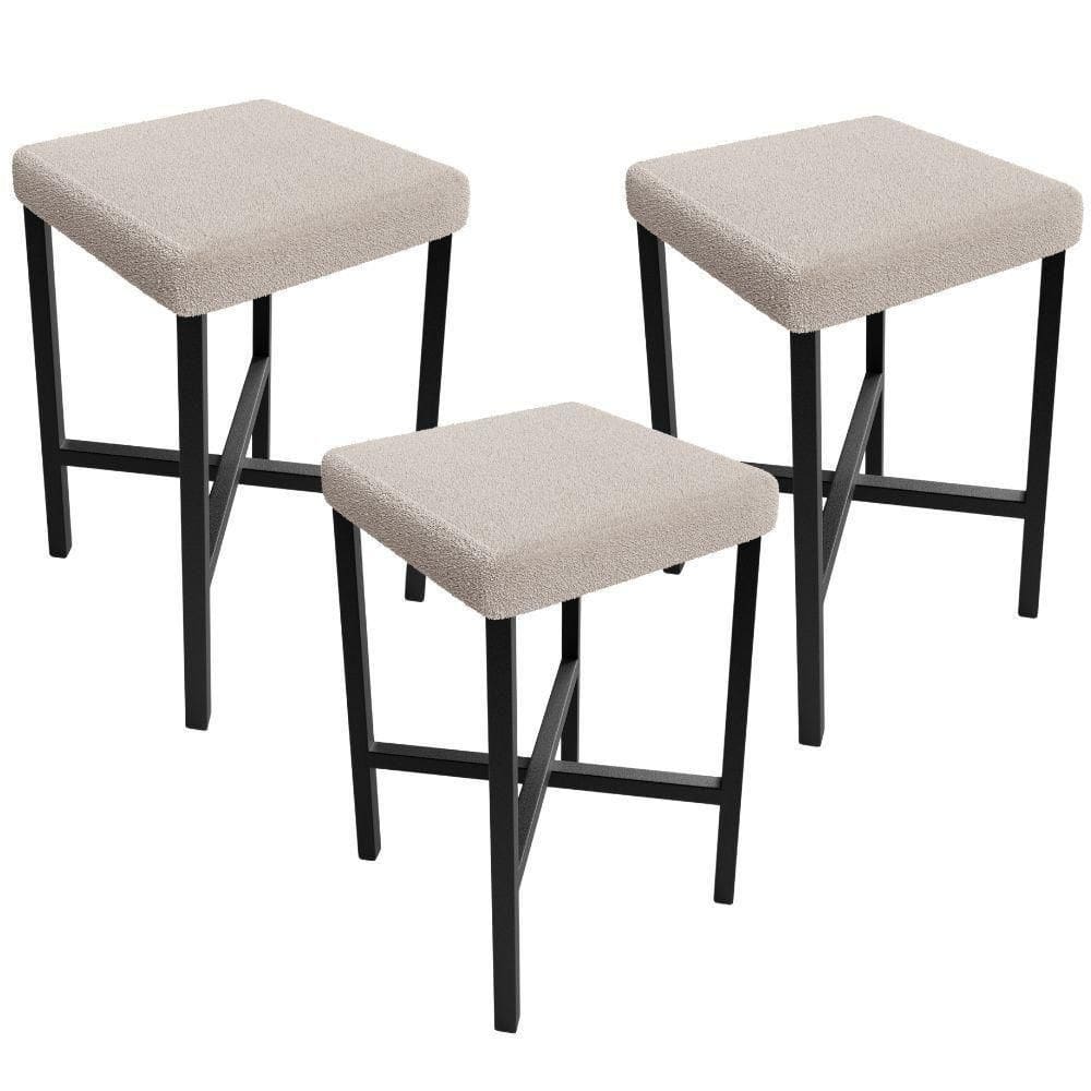 Kit 03 Banquetas Baixa Bar Cozinha Sala De Jantar Preto Stella L02 Bouclê Creme - Lyam Decor
