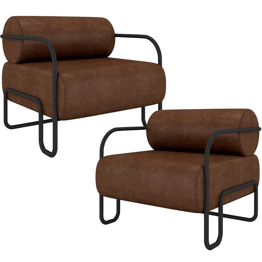 Kit 02 Poltronas Decorativa Pés Industrial Moscou K01 Couríssimo Marrom - Lyam Decor