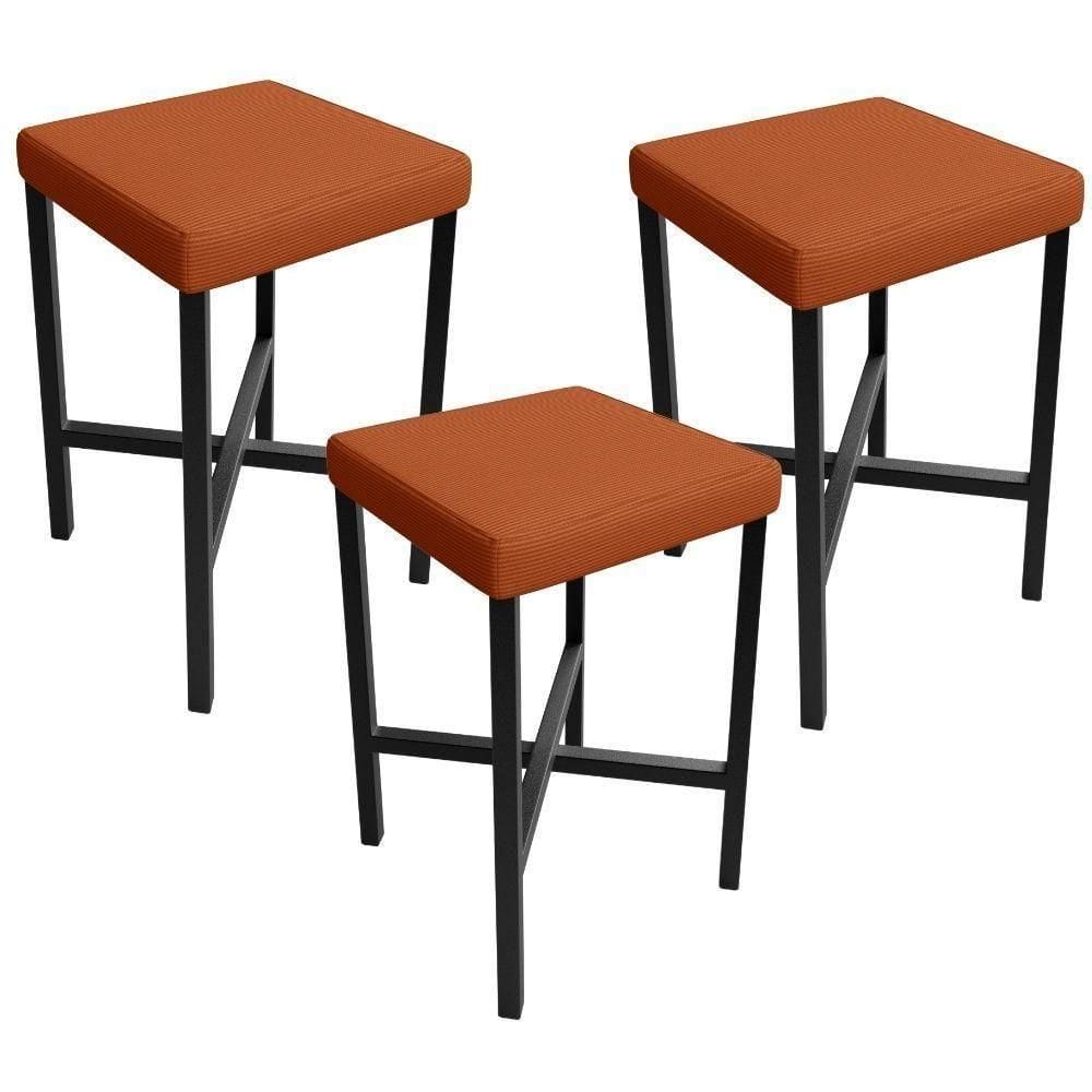 Kit 03 Banquetas Baixa Bar Cozinha Sala De Jantar Preto Stella L02 Tecido Terracota - Lyam Decor