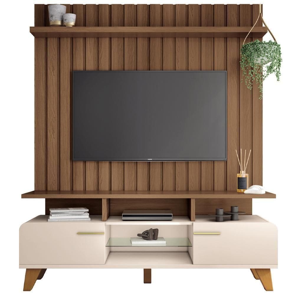 Rack Para Sala émile Com Painel Para Tv Ripado 60 Pol Conect B01 Off White Castanho - Lyam Decor