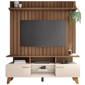 Rack Para Sala émile Com Painel Para Tv Ripado 60 Pol Conect B01 Off White Castanho - Lyam Decor