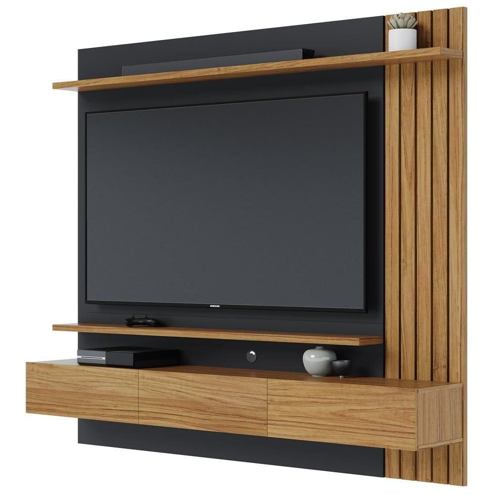 Painel Para Tv 70 Pol Com Bancada Suspensa 180cm Will C04 Noce Milano Preto Fosco - Lyam Decor