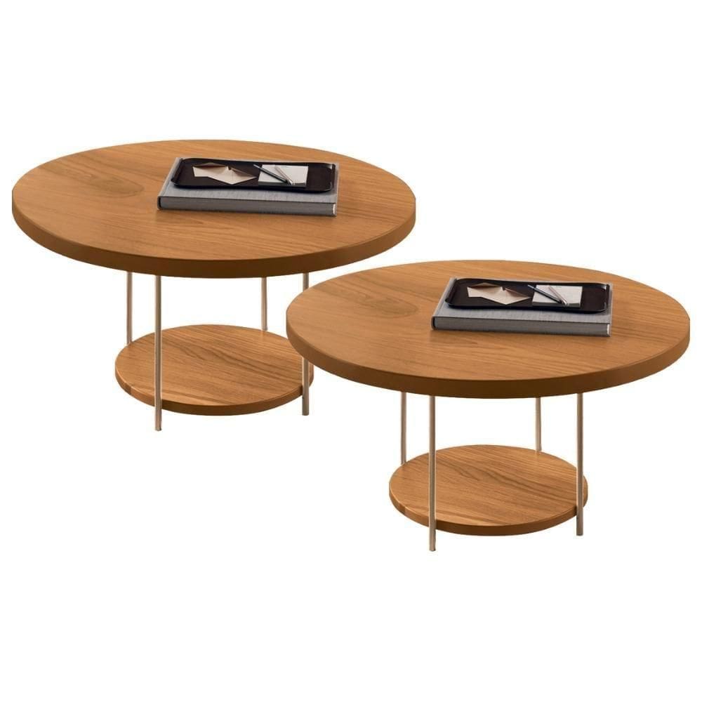 Kit 02 Mesas De Centro Para Sala Redonda Tampo Mdf Pés Aço Allure B01 Cinamomo - Lyam Decor
