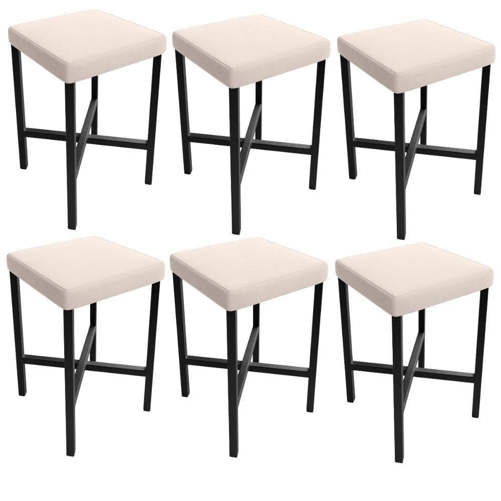 Kit 06 Banquetas Baixa Bar Cozinha Sala De Jantar Preto Stella L02 Suede Bege - Lyam Decor