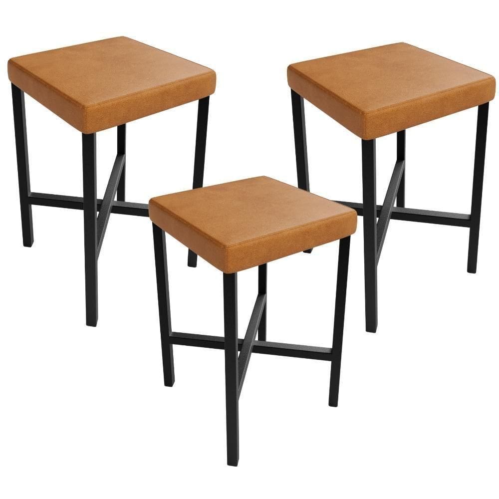 Kit 03 Banquetas Baixa Bar Cozinha Sala De Jantar Preto Stella L02 Couríssimo Canela - Lyam Decor