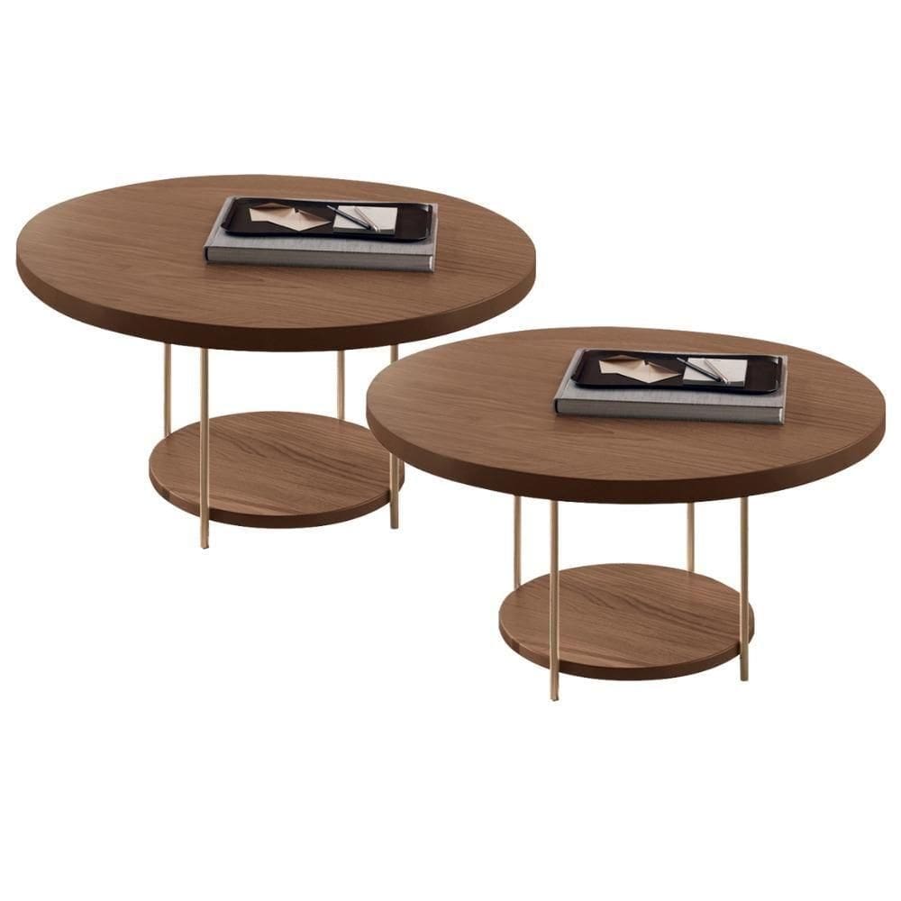 Kit 02 Mesas De Centro Para Sala Redonda Tampo Mdf Pés Aço Allure B01 Castanho - Lyam Decor