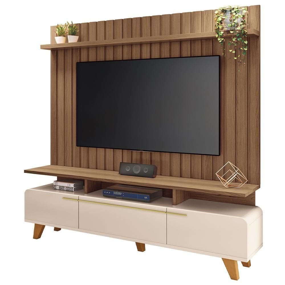 Rack Para Sala émile Com Painel Para Tv Ripado 70 Pol Conect B01 Off White Castanho - Lyam Decor