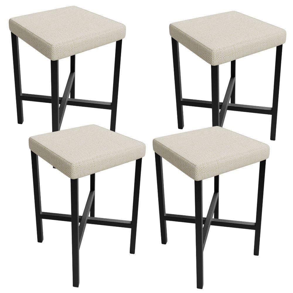 Kit 04 Banquetas Baixa Bar Cozinha Sala De Jantar Preto Stella L02 Linho Champagne - Lyam Decor