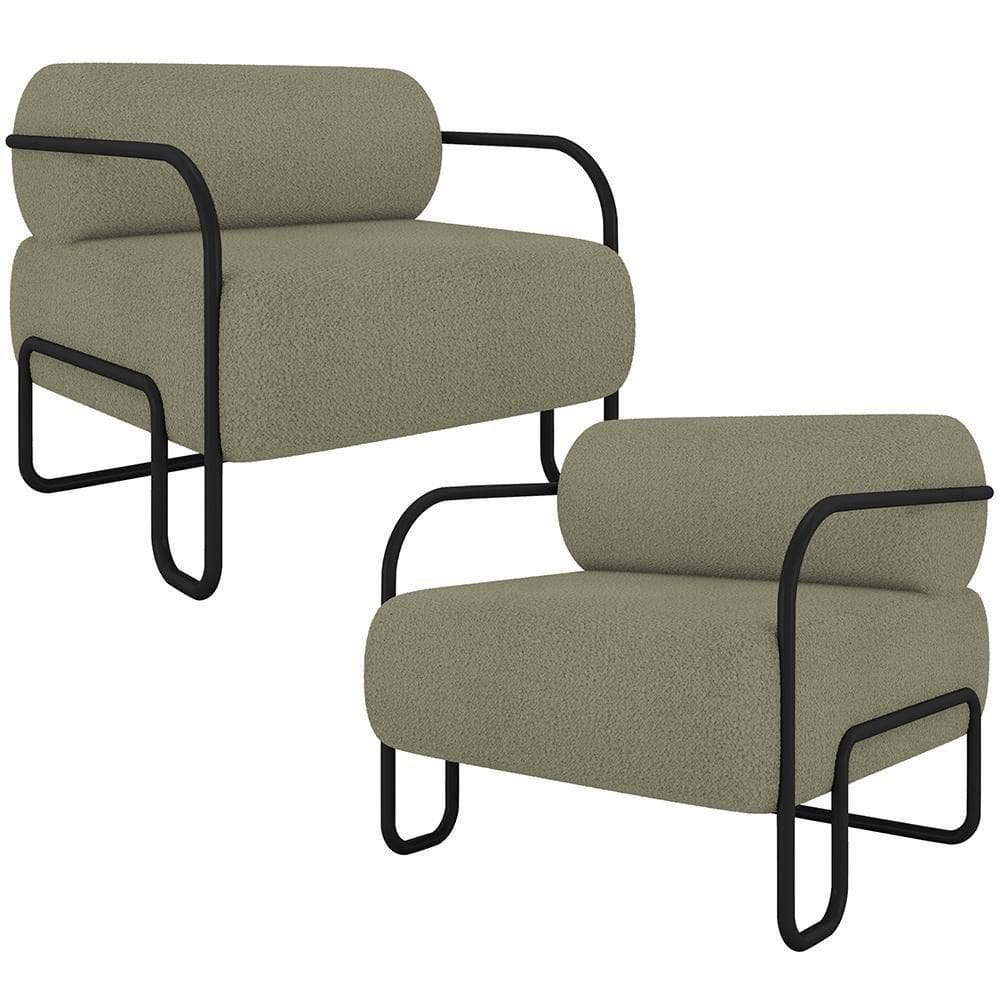 Kit 02 Poltronas Decorativa Pés Industrial Moscou K01 Bouclê Verde - Lyam Decor