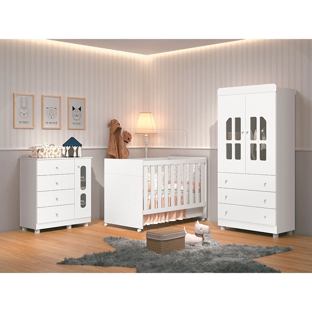 Quarto de Bebê Completo com Guarda Roupa, Cômoda e Berço Katatau Branco - Rede Móveis