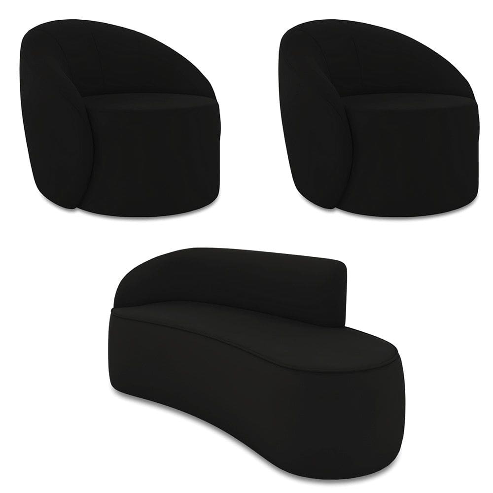 Sofá 3 Lugares Orgânico 180cm Morgan e 2 PoltronasLua Veludo Preto D03 - D`Rossi