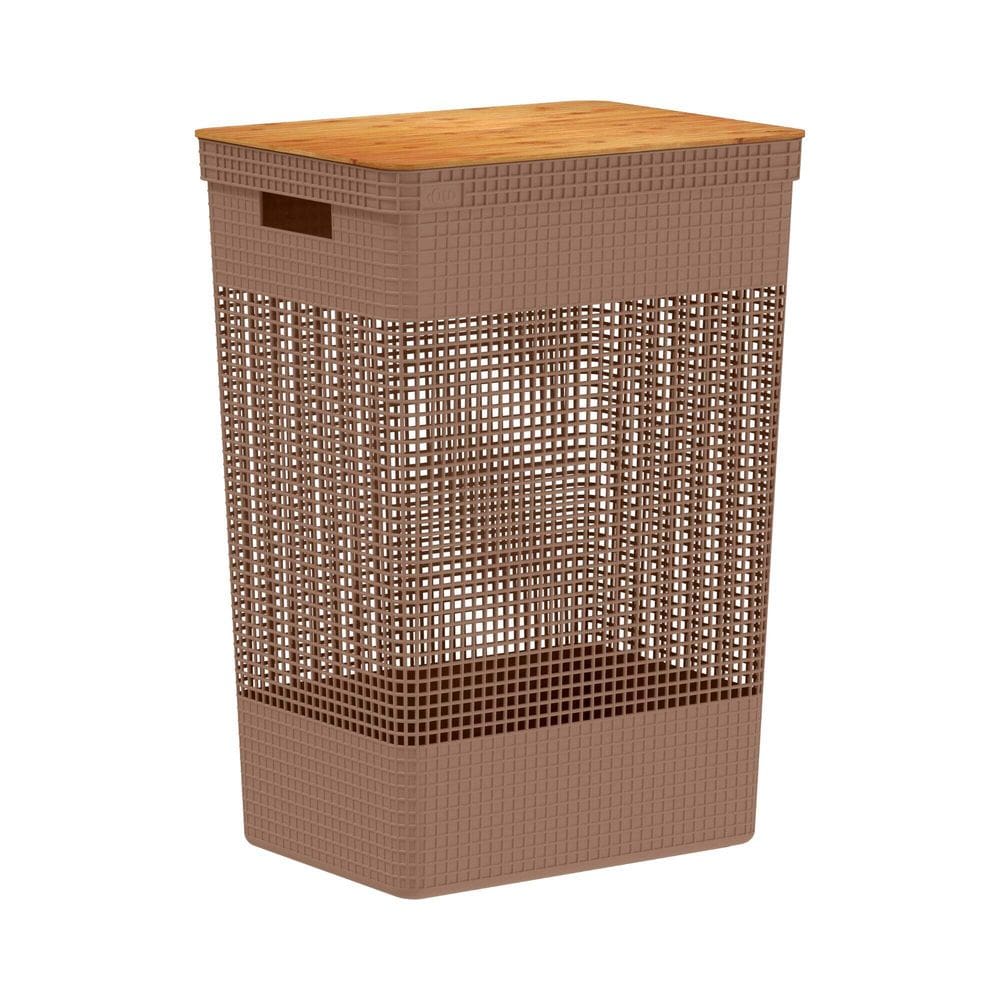Cesto de Roupa com Tampa de Bambu Grid Marrom Amêndoa 49L - Ou