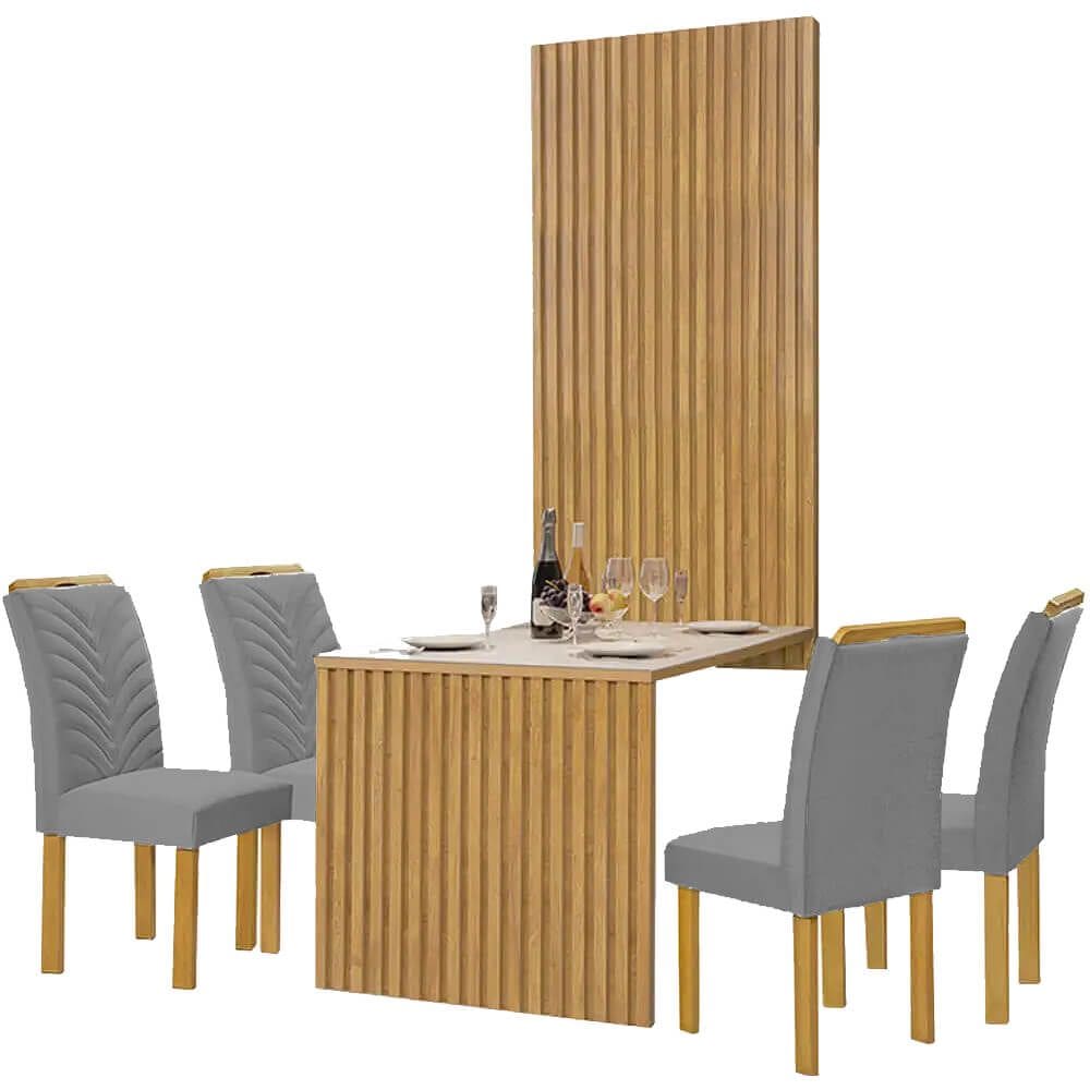 Mesa de Jantar Cancun 120x90 com Painel Ripado Cel Móveis Cinamomo Off White Cor Cinamomo Off White com Tecido Grafite