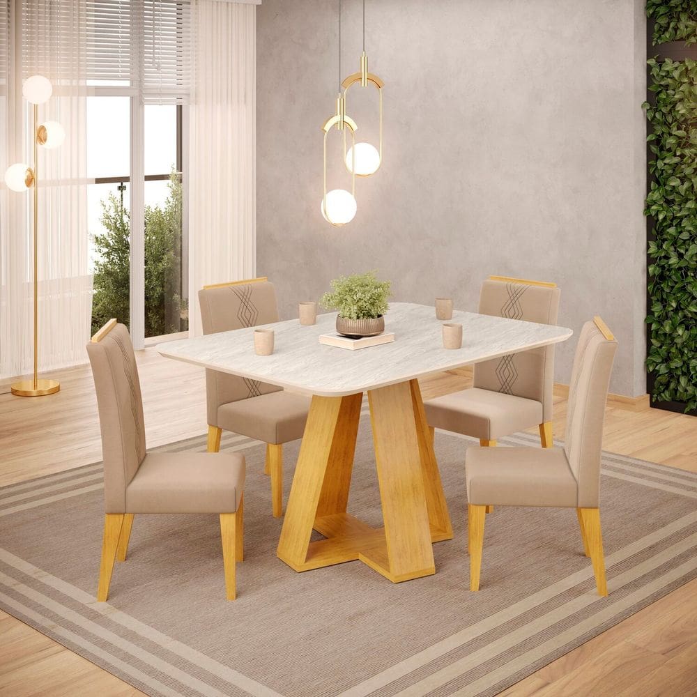 Conjunto Sala de Jantar Mesa Tampo de Vidro 1,20 com 4 Cadeiras Kiara Cedro/Quartzo/Kraft