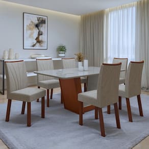 Conjunto Sala de Jantar Mesa Tampo de Vidro/MDF 6 Cadeiras Apogeu Frassino/Off White/Bege