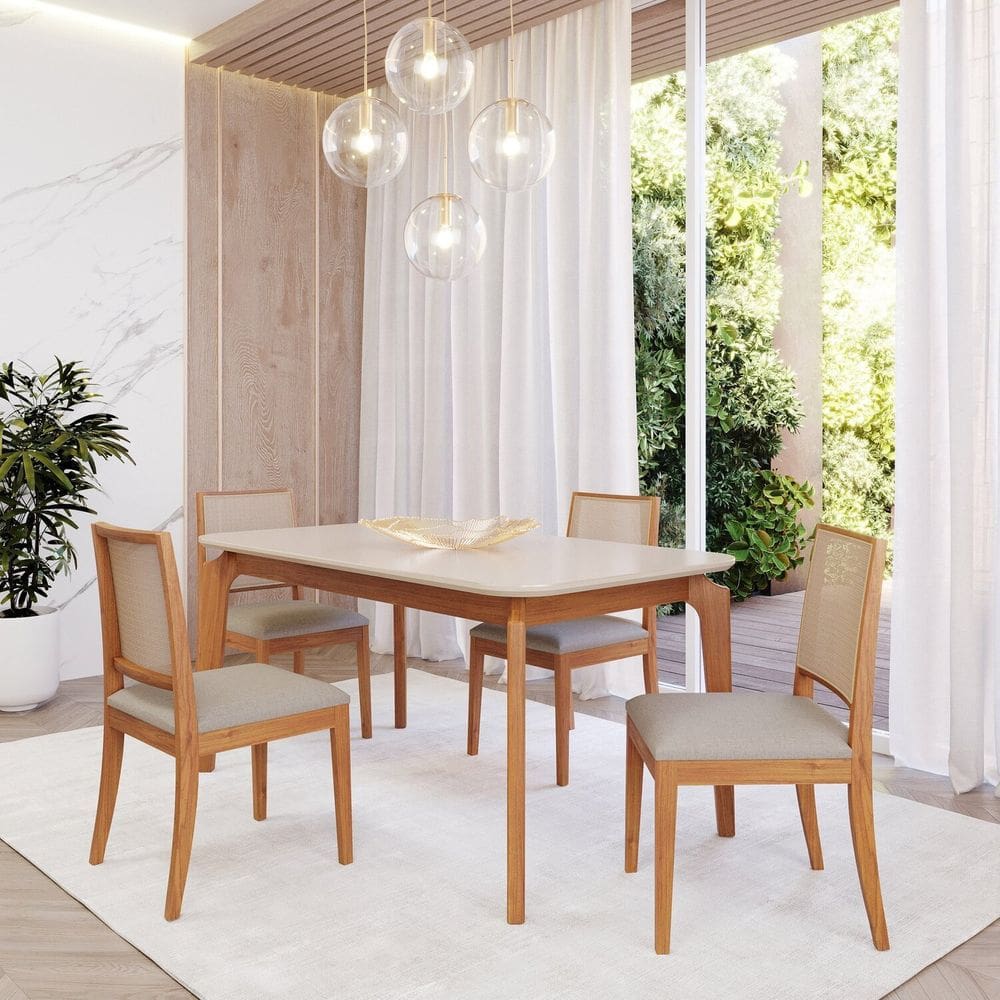 Sala de Jantar Ficus 130cm com 4 Cadeiras Buriti Madeira/ Off White/ Cru