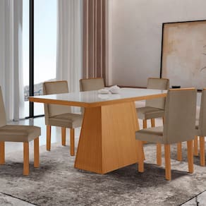 Conjunto Sala de Jantar Mesa Tampo de Vidro 6 Cadeiras Yescasa Castanho Cinamomo/Capuccino/Off White