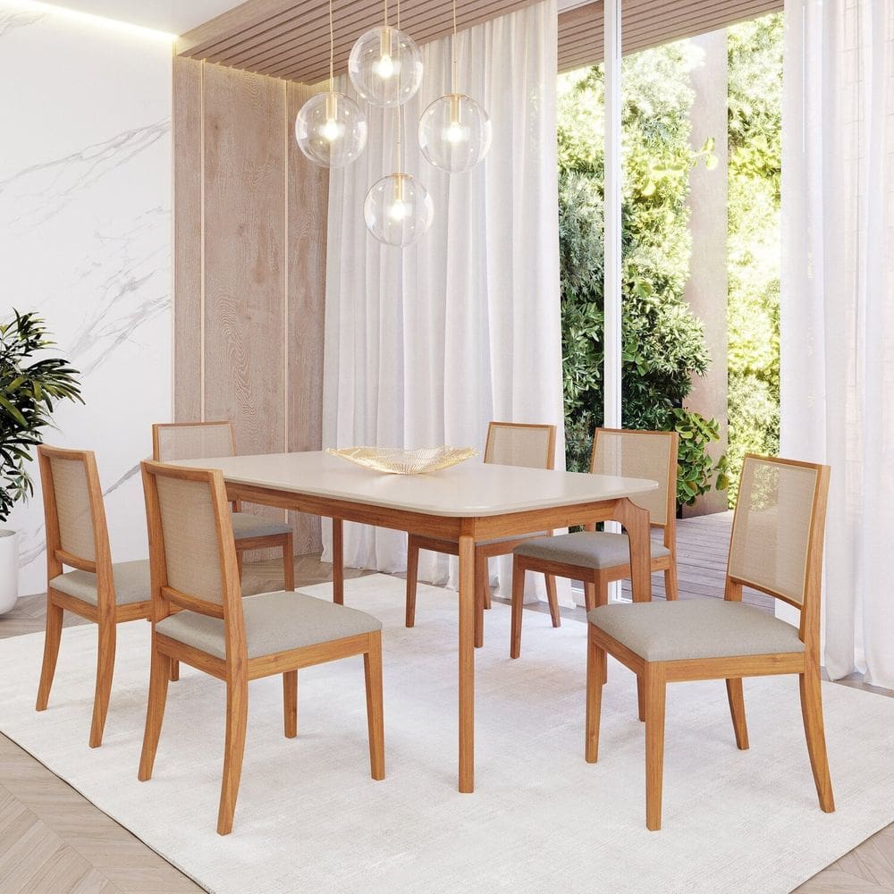 Sala de Jantar Ficus 180cm com 6 Cadeiras Buriti Madeira/ Offwhite / Cinza