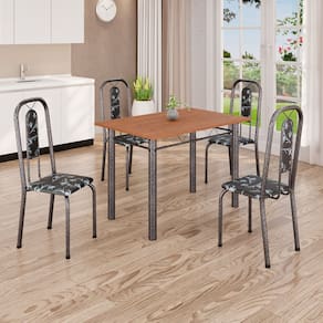 Conjunto de Mesa Tubular 100cm x 60cm Tampo MDF com 4 Cadeiras Lívia Preto Floral / Mart Prata / Cinamomo
