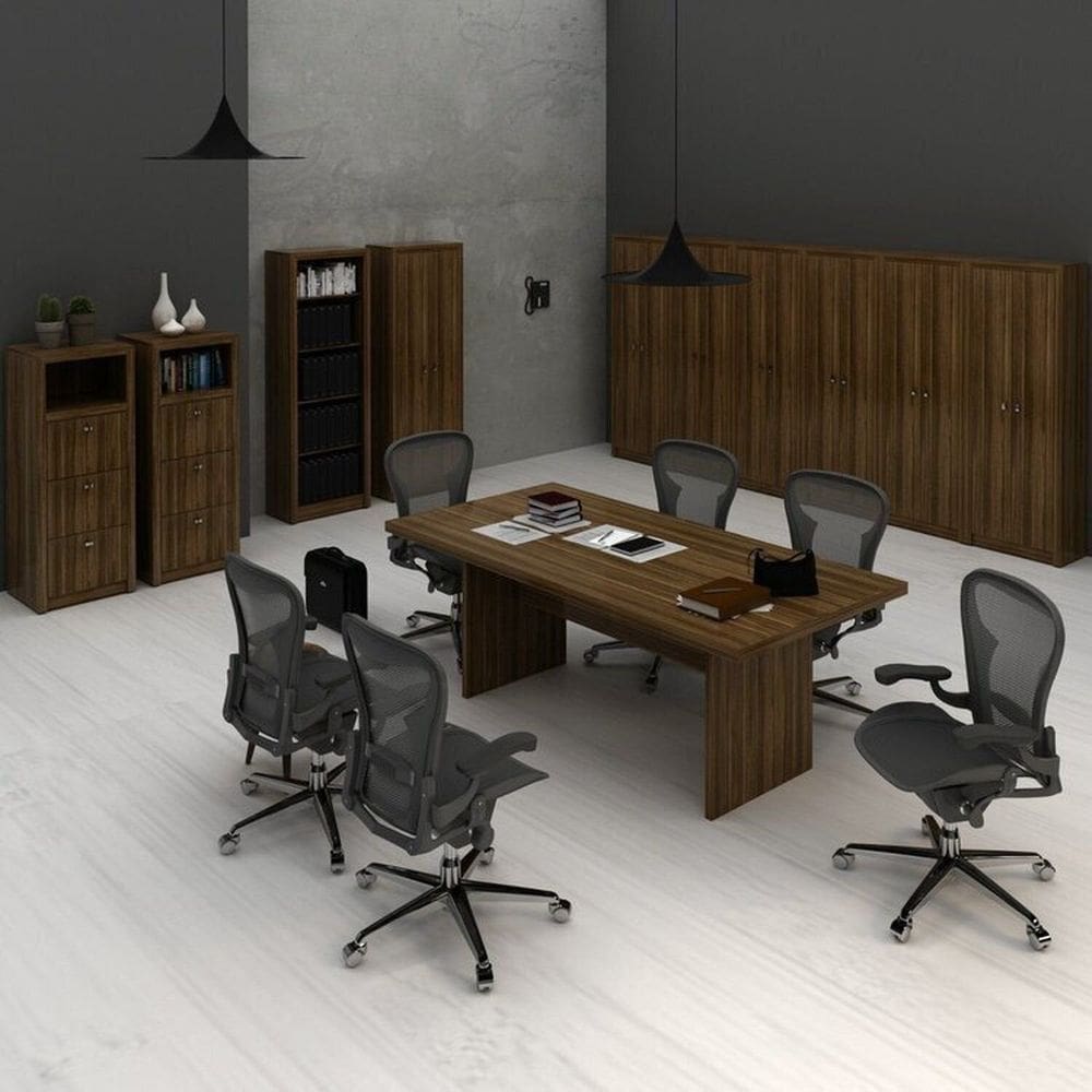 Conjunto 1 Mesa de Reunião 7 Armários com Portas 1 Estante e 2 Gaveteiros Nogal