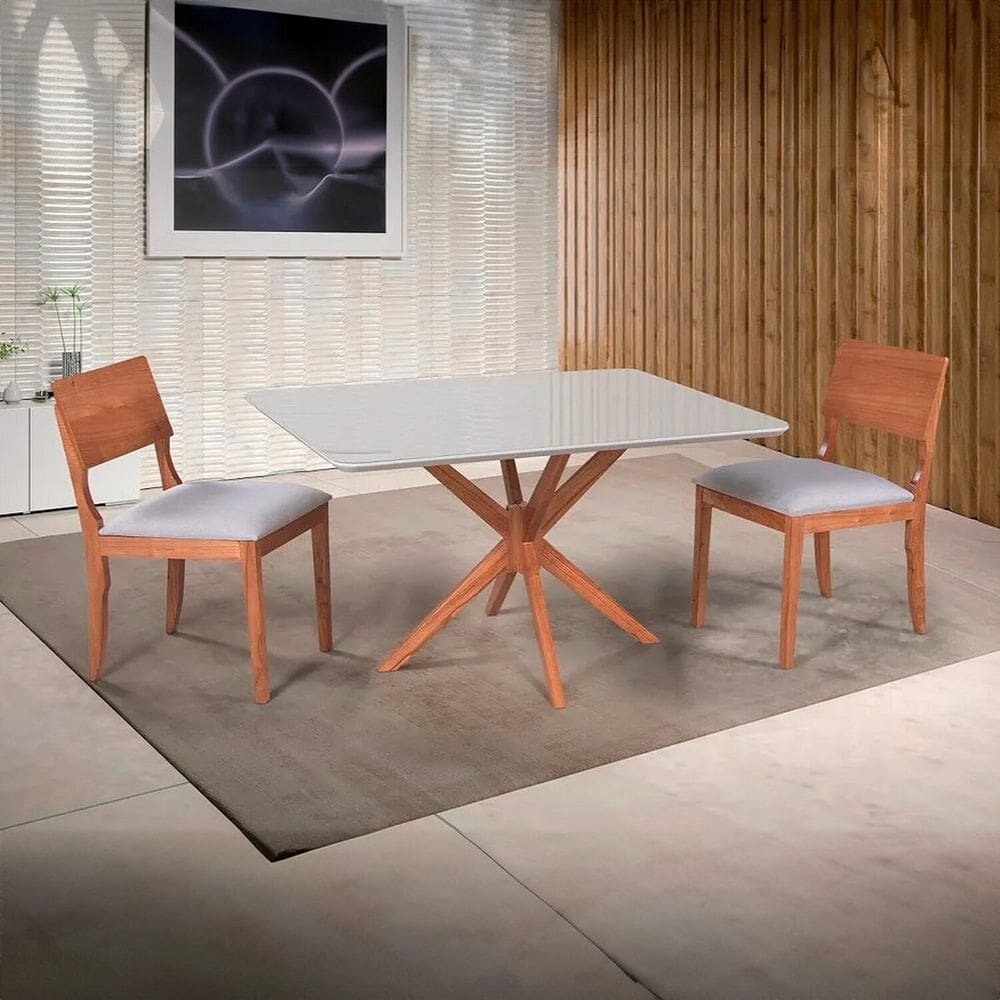 Conjunto Sala de Jantar 4 Cadeiras Mesa Retangular Tampo Laqueado com Vidro Liza Off White e Mel