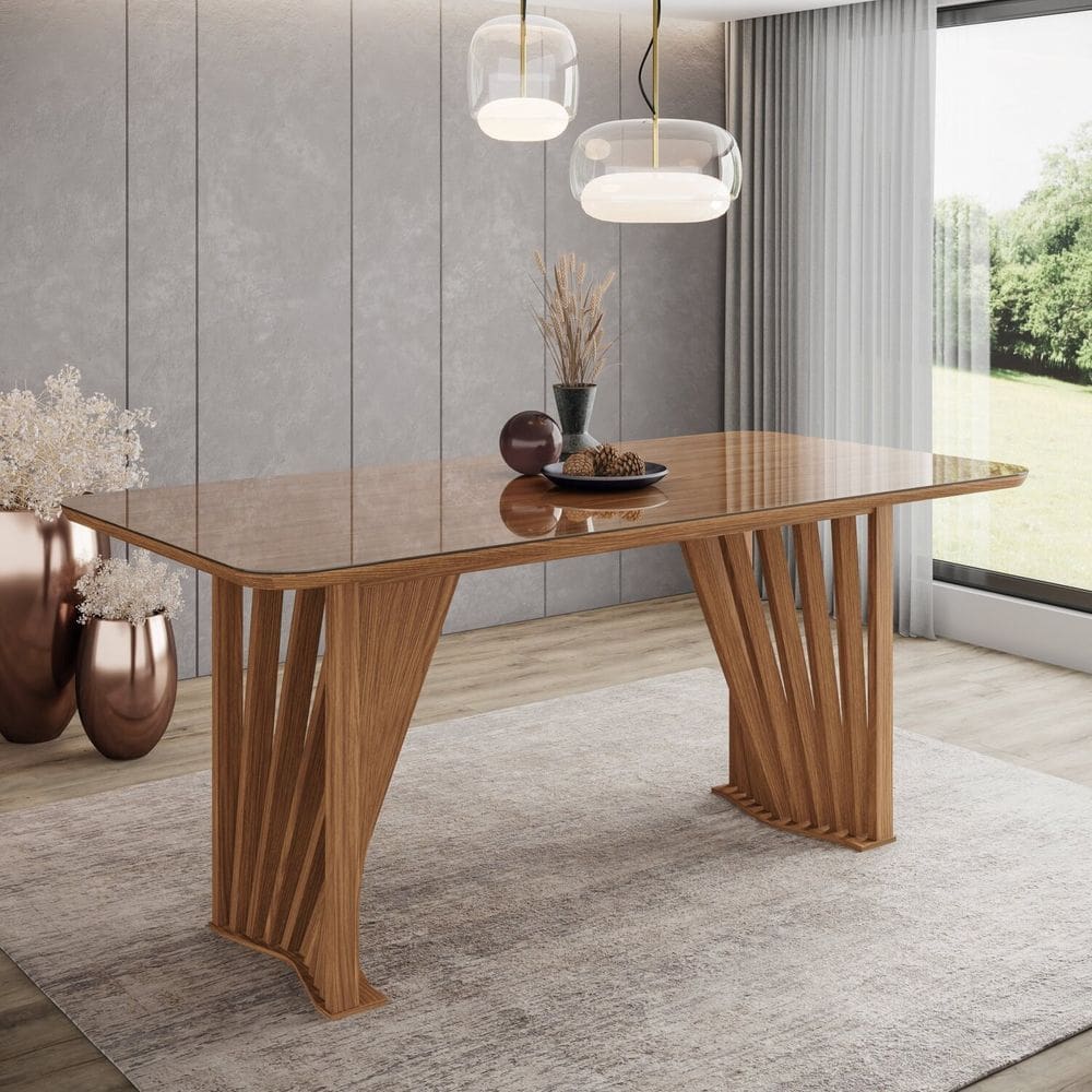 Mesa para 6 Lugares Tampo 200cm Canto Arredondado com Vidro Marrom