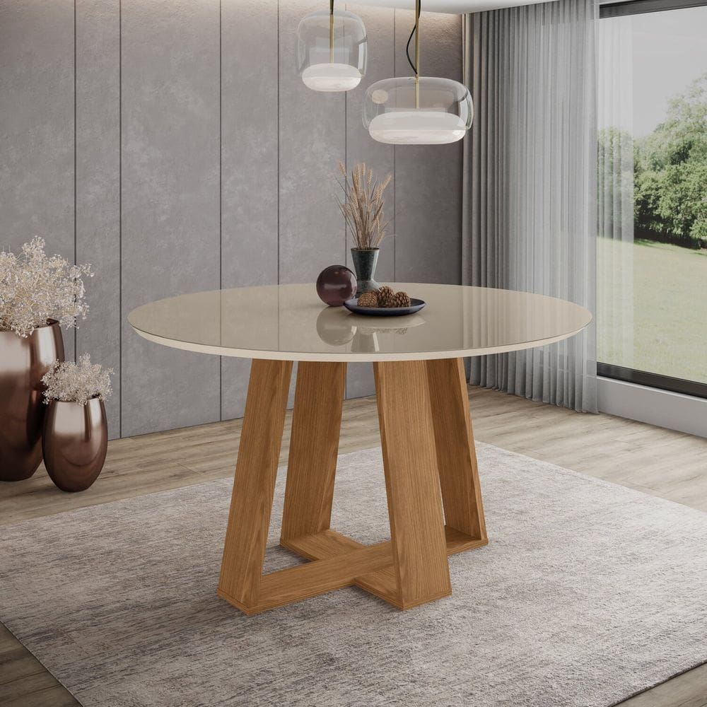 Mesa Lins para 6 Lugares Tampo de 140cm Redonda com Vidro Marrom/Off White
