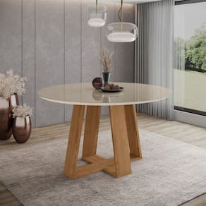 Mesa Lins para 6 Lugares Tampo de 140cm Redonda com Vidro Marrom/Off White