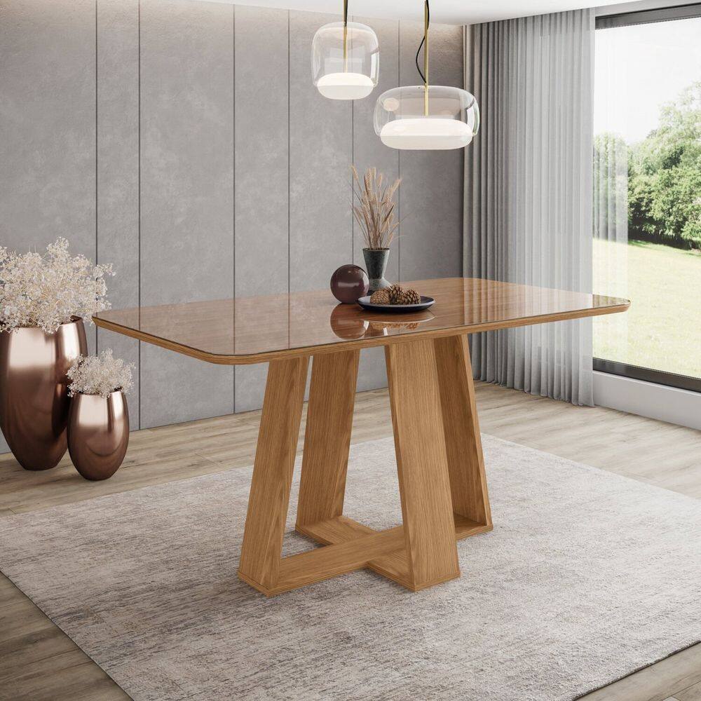 Mesa Lins para 6 Lugares Tampo de 160cm Canto Arredondado com Vidro Marrom