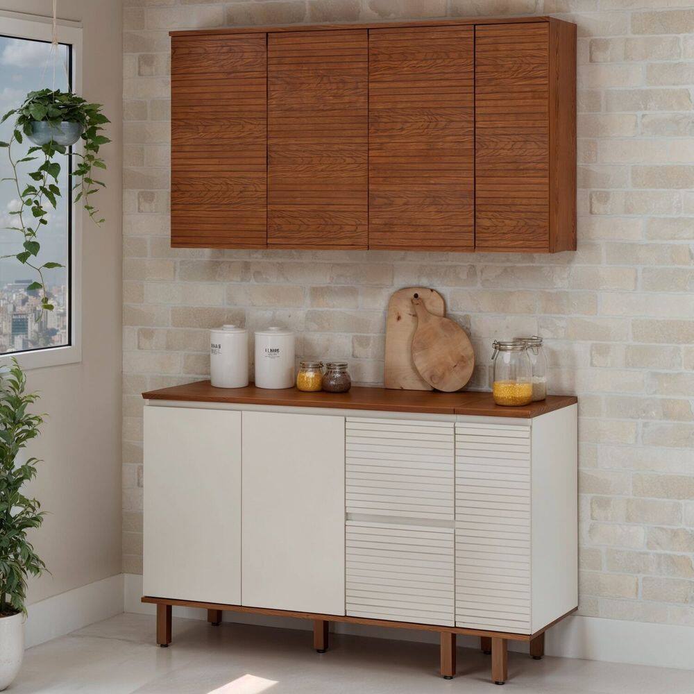 Cozinha Compacta 4 Peças com 3 Gavetas 100% MDF Canela/Off White