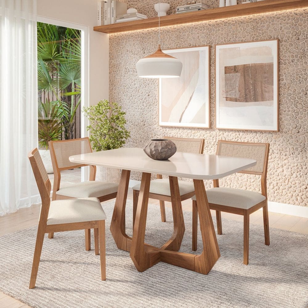 Sala de Jantar Bromelia 130cm com 4 Cadeiras Oiti Madeira/ Off White/ Cru