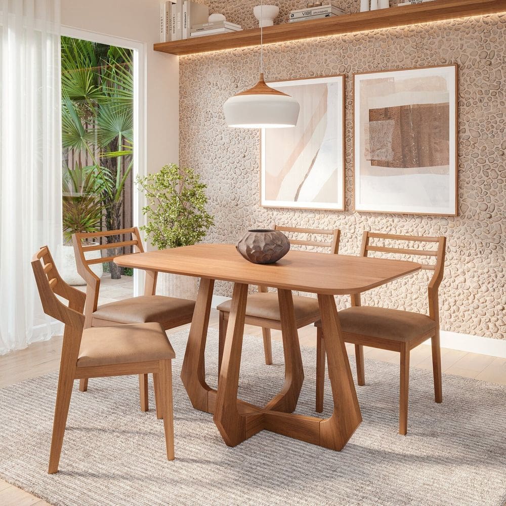 Sala de Jantar Bromelia 130cm sem Vidro com 4 Cadeiras Damasco Madeira/ Cinamomo/ Kaki