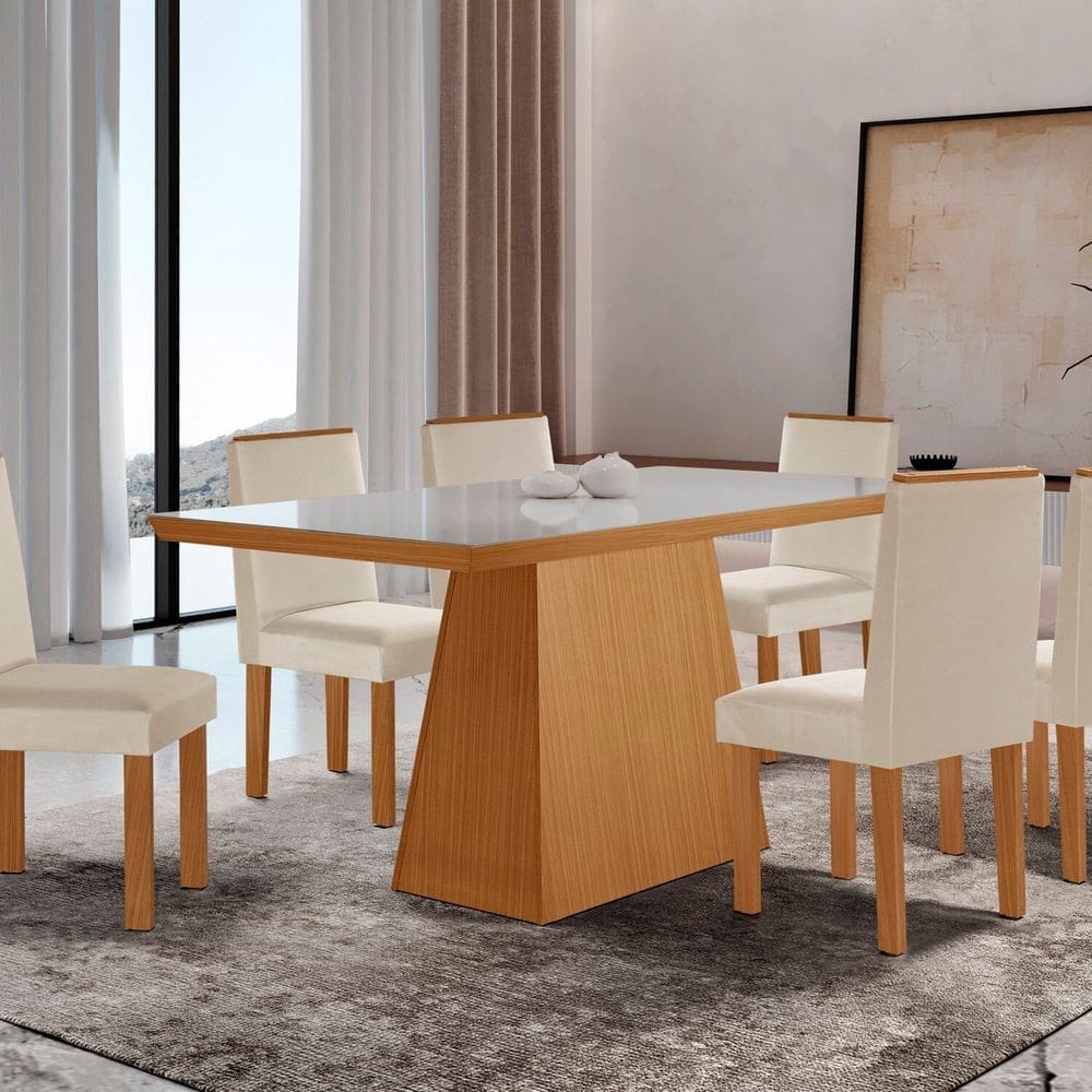 Conjunto Sala de Jantar Mesa Tampo de Vidro 6 Cadeiras Yescasa Castanho Cinamomo/Creme/Off White