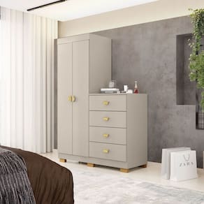 Cômoda Guarda-Roupa Cristal 2 Portas 4 Gavetas Cinza