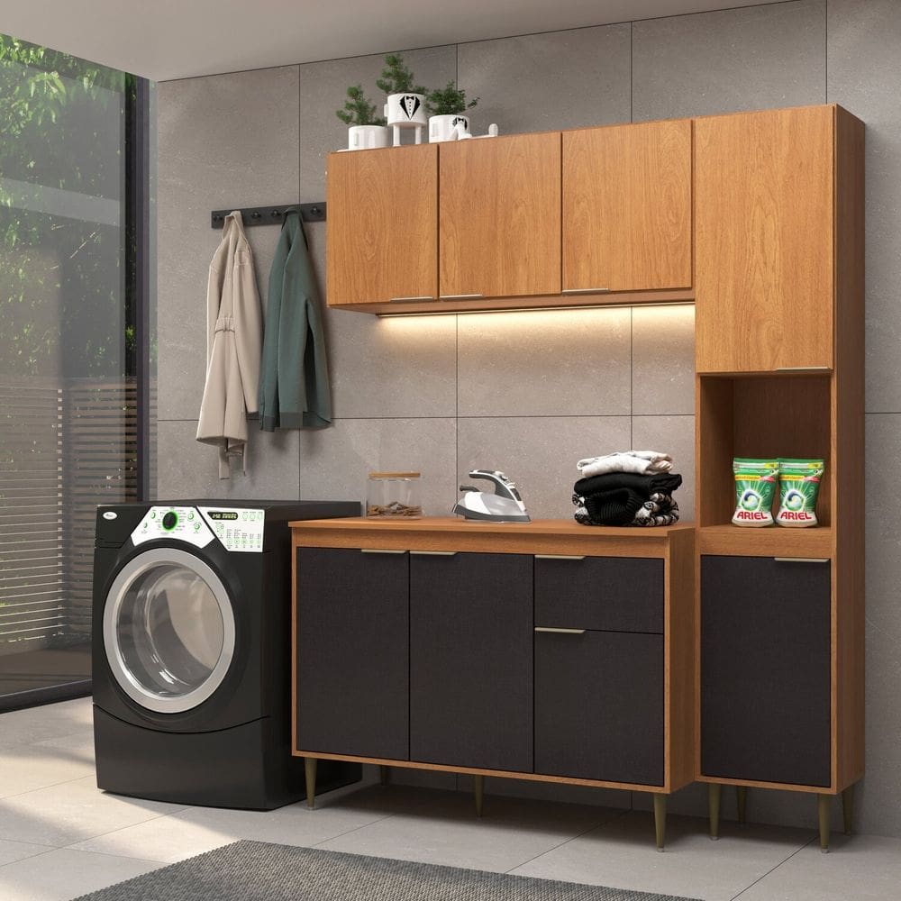 Lavanderia Modulada 3 Peças com Aéreo Torre Multiuso Balcão com Tampo Jade Xingu/Grafite