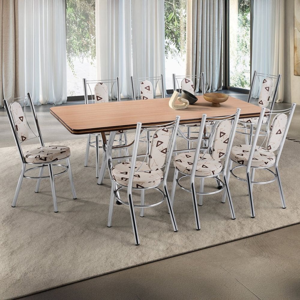 Conjunto Sala de Jantar Canada 180cm x 80cm Cromado/Amadeirado Claro/Café