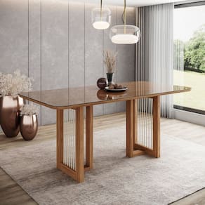 Mesa Yara para 6 Lugares Tampo de 160cm Canto Arredondado com Vidro Marrom