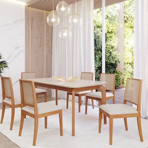 Sala de Jantar Ficus 160cm com 6 Cadeiras Buriti Madeira/ Offwhite