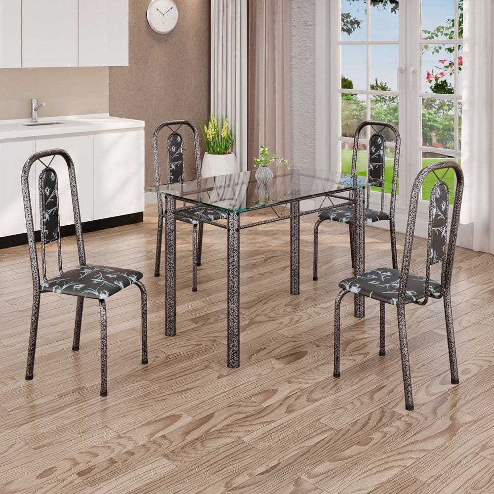 Conjunto de Mesa Tubular 100cm X 60cm Tampo com 4 Cadeiras Lívia Preto Floral / Mart Prata