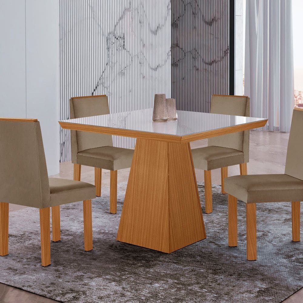 Conjunto Sala de Jantar Mesa Tampo de Vidro 4 Cadeiras Yescasa Castanho Cinamomo/Capuccino/Off White